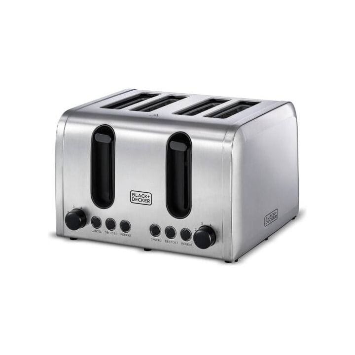 محمصة خبز بلاك+ديكر 4 شرائح من الستانلس ستيل 2100W، فتحات عريضة، تحكم مزدوج بدرجة التحميص، درج فتات قابل للإزالة - فضي - ET444-B5
