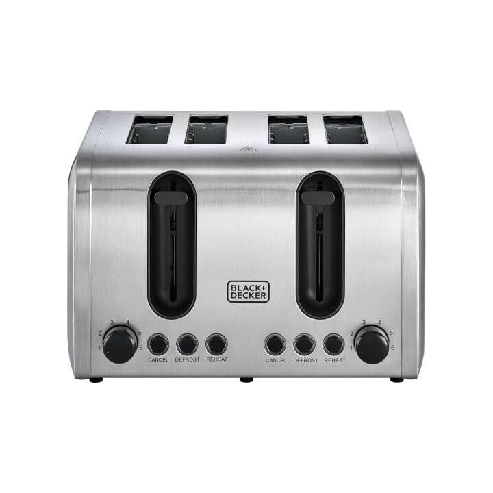 محمصة خبز بلاك+ديكر 4 شرائح من الستانلس ستيل 2100W، فتحات عريضة، تحكم مزدوج بدرجة التحميص، درج فتات قابل للإزالة - فضي - ET444-B5
