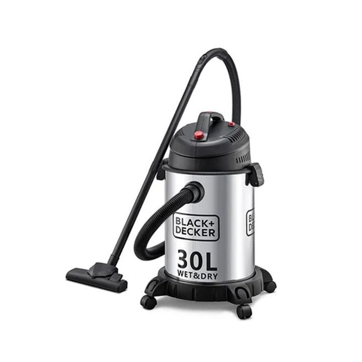 مكنسة بلاك+ديكر برميل للماء والغبار 1400W سعة 30L، نظام فلتر HEPA، وظيفة النفخ، استخدام مزدوج - فضي/أسود - WV1450-B5