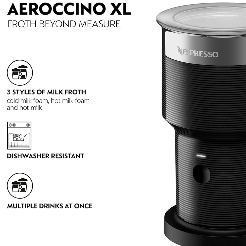 Nespresso Aeroccino XL Milk Frother, Hot & Cold Foam Maker, Dishwasher Safe, Large Capacity Design | Black - GNN134ACC00582