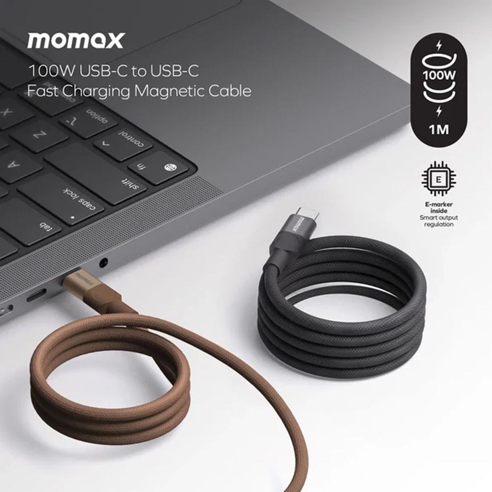 موماكس ماغ لينك كابل مغناطيسي 100 واط USB-C إلى USB-C بطول 1 متر، شحن سريع، تصميم مجدول من النايلون مع لف مغناطيسي | أسود - DC52D
