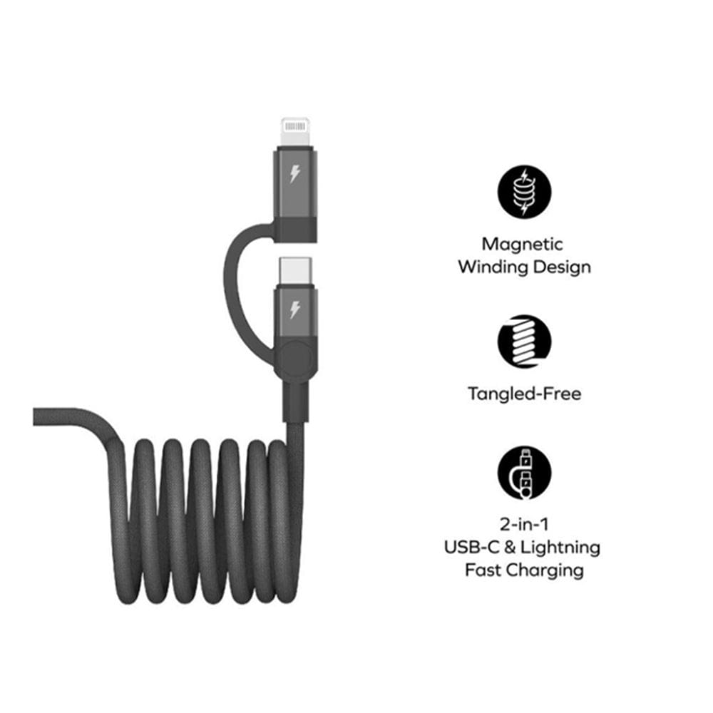 موماكس ماغ لينك كابل USB-C إلى USB-C ولايتنينج بطول 1 متر، موصل مزدوج للشحن السريع، تصميم مجدول مقاوم للتشابك | أسود - DL58D