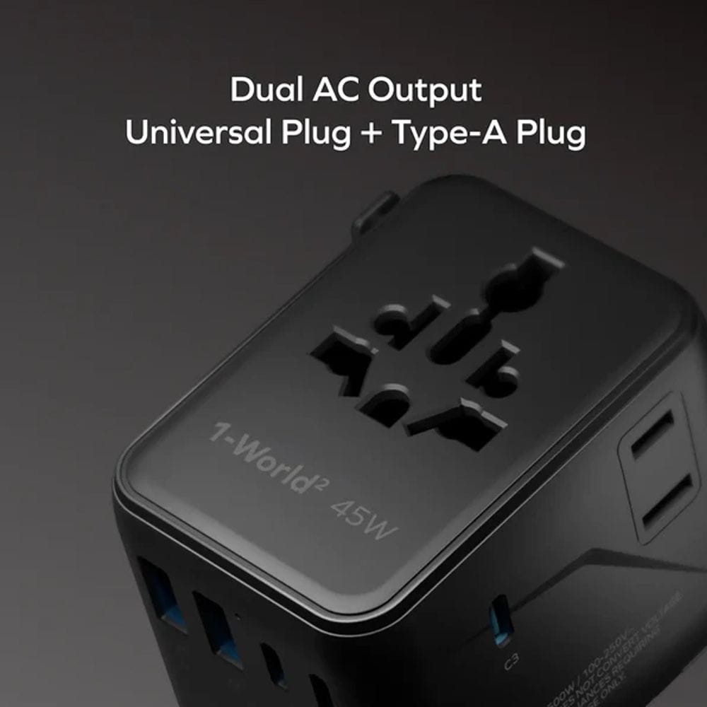 موماكس ون وورلد محول سفر 45 واط بخمسة منافذ ومنفذي كهرباء، تصميم عالمي، موزع شحن سريع USB-C | أسود - UA31D