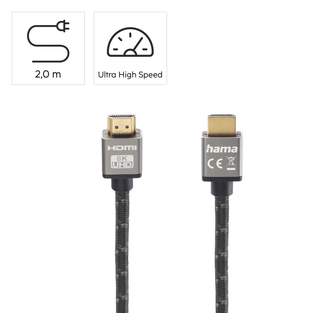 Hama Ultra High Speed HDMI Cable 2.0m 8K Certified, HDMI Plug to Plug, Metal Connector, High Dynamic Range Support | Black/Grey - 205239