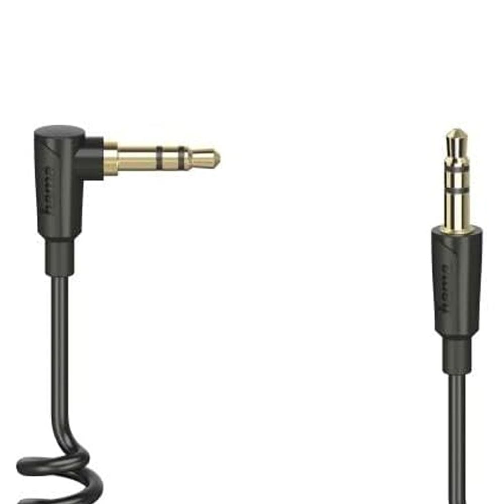 Hama Flexi-Slim Spiral Audio Cable 1.5m 3.5mm 90° Stereo Jack Plug to Plug, Tangle-Free Flexible Design | Black - 205114