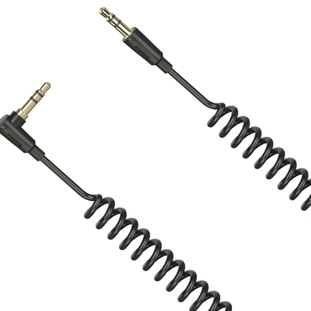 Hama Flexi-Slim Spiral Audio Cable 1.5m 3.5mm 90° Stereo Jack Plug to Plug, Tangle-Free Flexible Design | Black - 205114