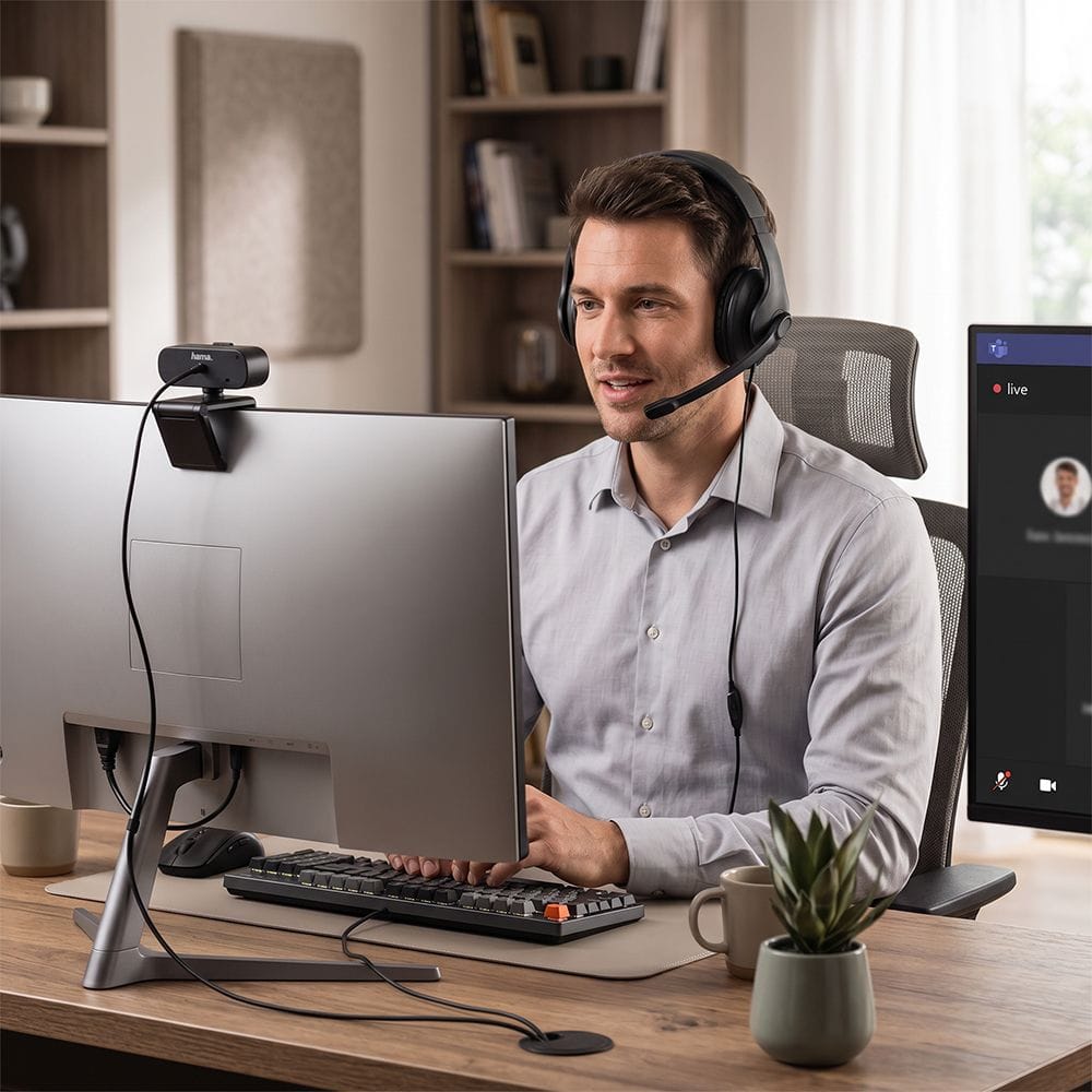 Hama HS-USB300 & C-400 PC Office Streaming Set USB Headset, Full HD Webcam, Plug & Play Video Conferencing Bundle | Black - 139999
