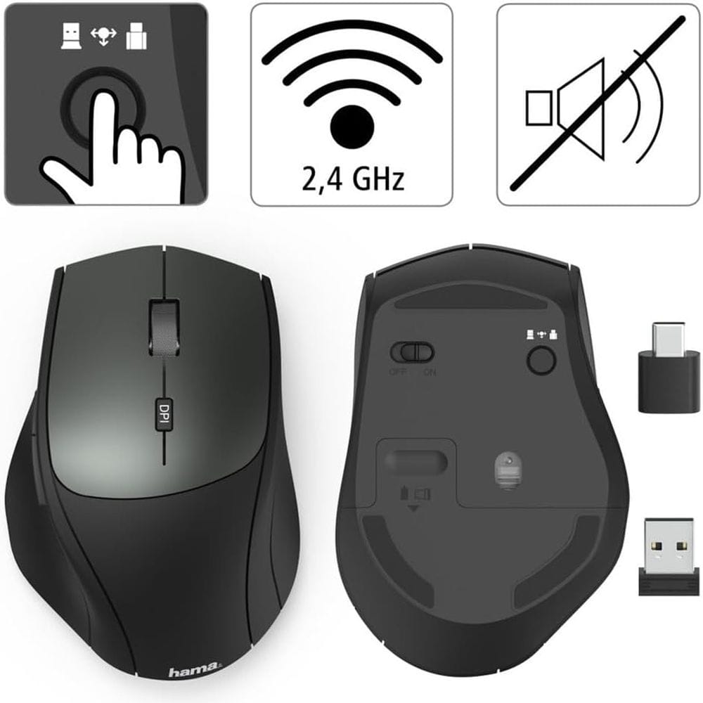 Hama MW-600 Optical Wireless Mouse Dual Mode USB-C/USB-A, 6-Button Design, Adjustable DPI, Silent Click Technology | Black - 182616