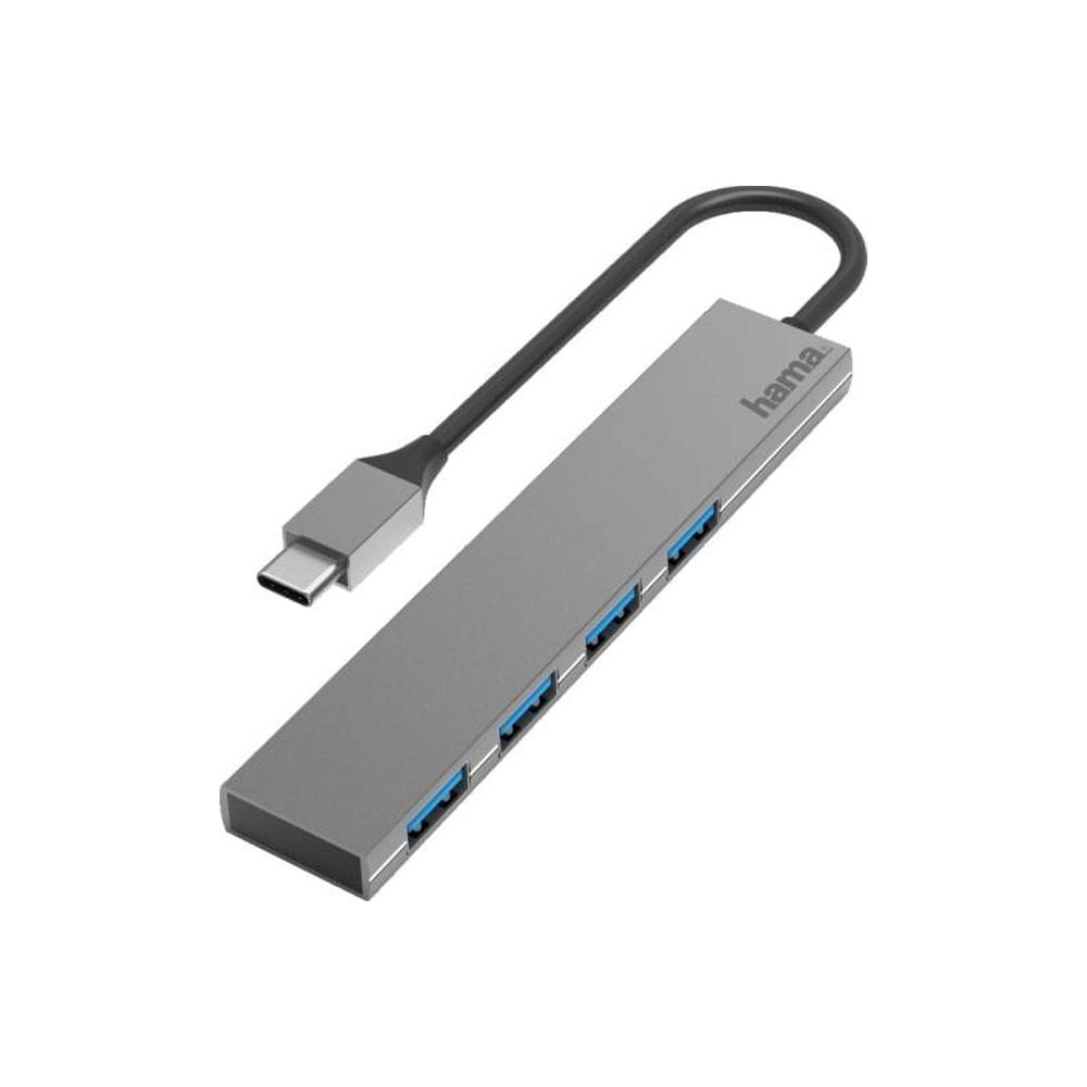 موزع هاما USB-C بأربعة منافذ USB 3.2 Gen1 بسرعة 5 جيجابت/ثانية، تصميم فائق النحافة من الألومنيوم، نقل بيانات عالي السرعة، توصيل وتشغيل مباشر | رمادي - 200101