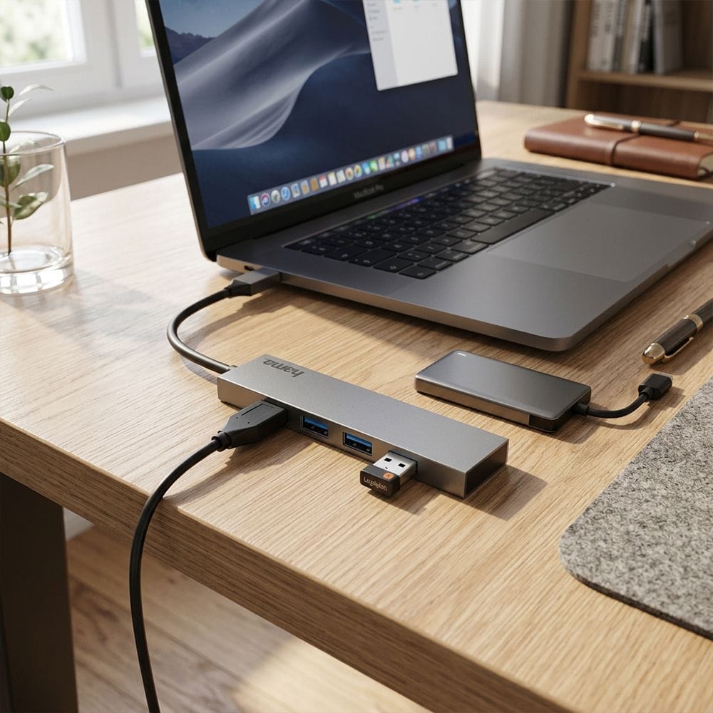 موزع هاما USB-C بأربعة منافذ USB 3.2 Gen1 بسرعة 5 جيجابت/ثانية، تصميم فائق النحافة من الألومنيوم، نقل بيانات عالي السرعة، توصيل وتشغيل مباشر | رمادي - 200101