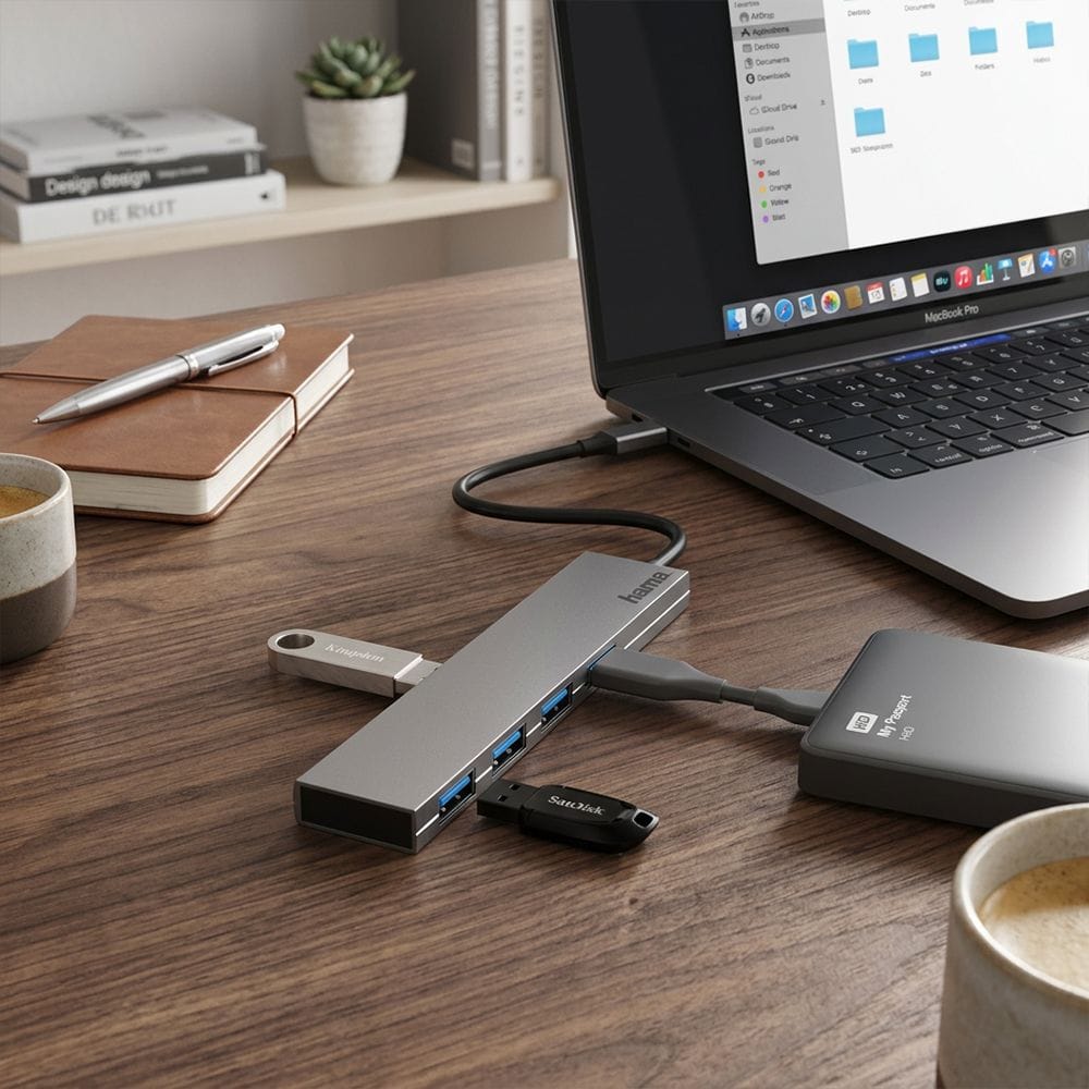 موزع هاما USB-C بأربعة منافذ USB 3.2 Gen1 بسرعة 5 جيجابت/ثانية، تصميم فائق النحافة من الألومنيوم، نقل بيانات عالي السرعة، توصيل وتشغيل مباشر | رمادي - 200101