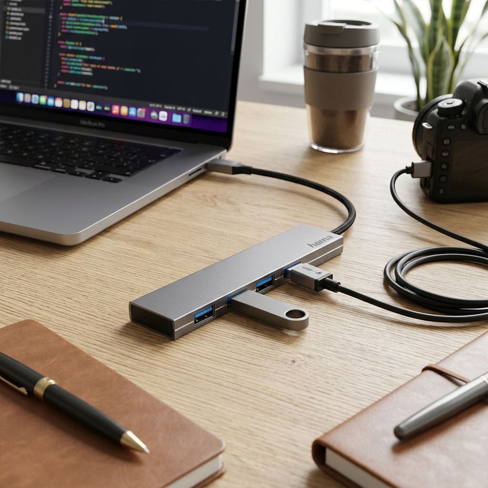 موزع هاما USB-C بأربعة منافذ USB 3.2 Gen1 بسرعة 5 جيجابت/ثانية، تصميم فائق النحافة من الألومنيوم، نقل بيانات عالي السرعة، توصيل وتشغيل مباشر | رمادي - 200101