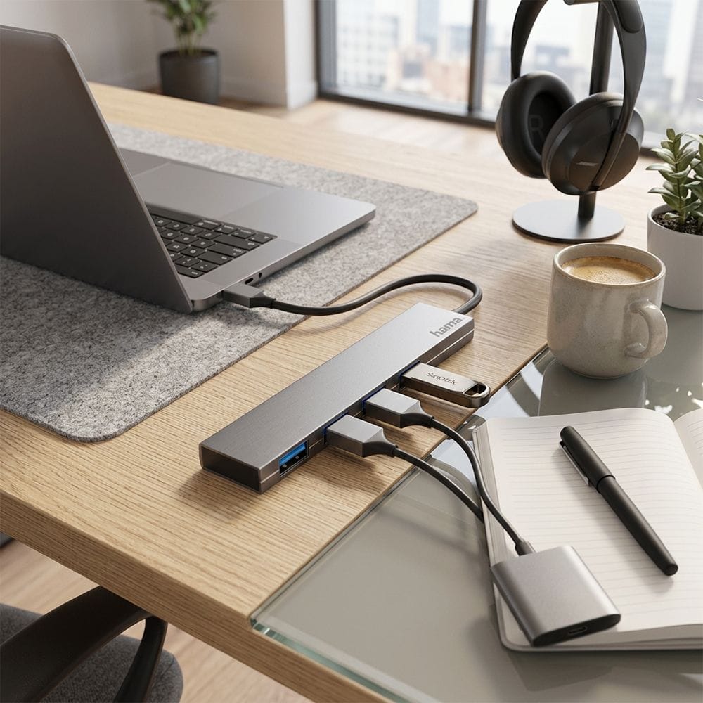 موزع هاما USB-C بأربعة منافذ USB 3.2 Gen1 بسرعة 5 جيجابت/ثانية، تصميم فائق النحافة من الألومنيوم، نقل بيانات عالي السرعة، توصيل وتشغيل مباشر | رمادي - 200101