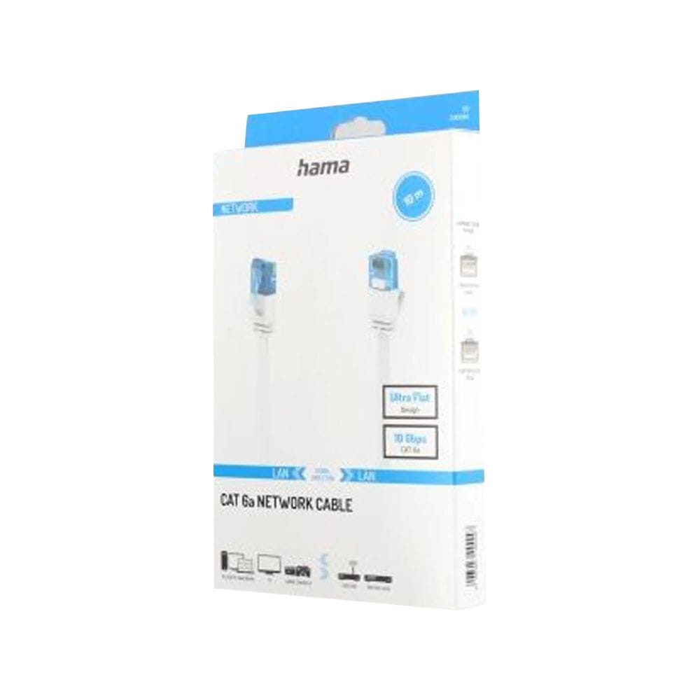 Hama CAT 6A Flat Network Cable 10.0m 10Gbit/s U/UTP Ethernet LAN, Space-Saving Flexible Design | White - 200686