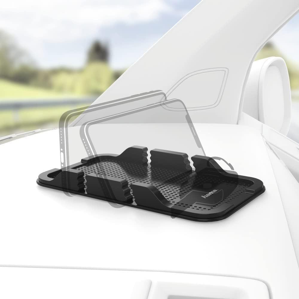 Hama Anti-Slip Pad for Smartphones Non-Skid Dashboard Grip Mat, Secure Mobile Phone Holder, Washable Reusable Design | Black - 183279