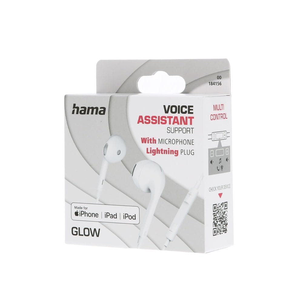 Hama Glow Earbuds with Microphone Lightning Connector, Stereo Sound, Inline Remote Control | White - 184156