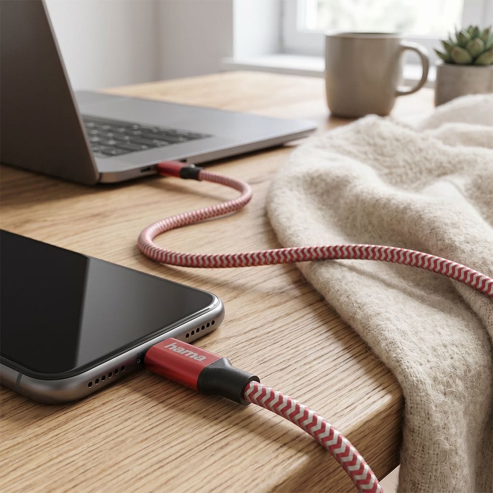 Hama Reflective Charging Cable USB-C to Lightning 1.5m Fast Charging, Durable Reflective Braided Design | Red - 201562