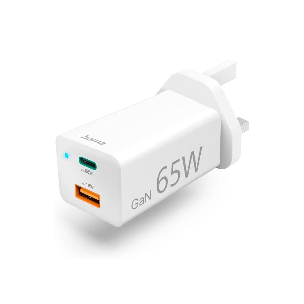 Hama Mini GaN Charger UK 65W PD/QC Fast Charging, Compact Gallium Nitride Technology, USB-C Power Delivery | White - 73210293