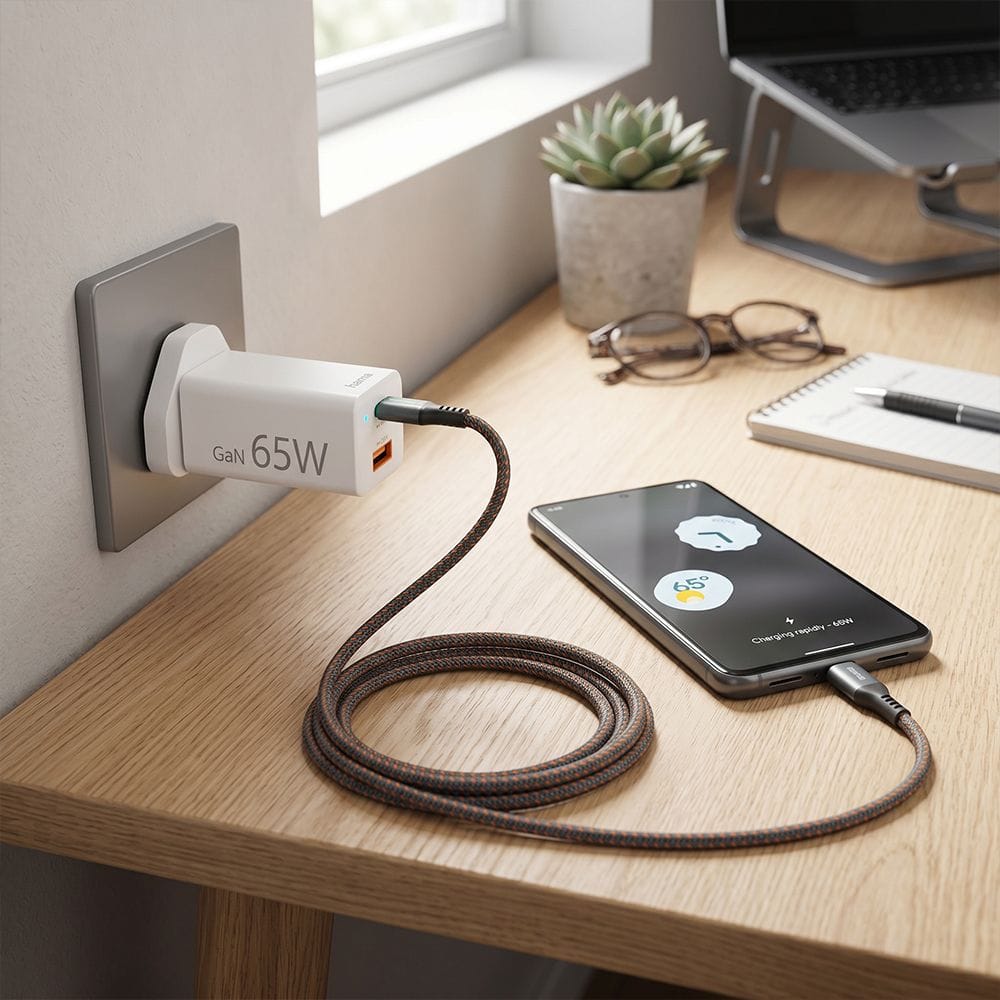 Hama Mini GaN Charger UK 65W PD/QC Fast Charging, Compact Gallium Nitride Technology, USB-C Power Delivery | White - 73210293