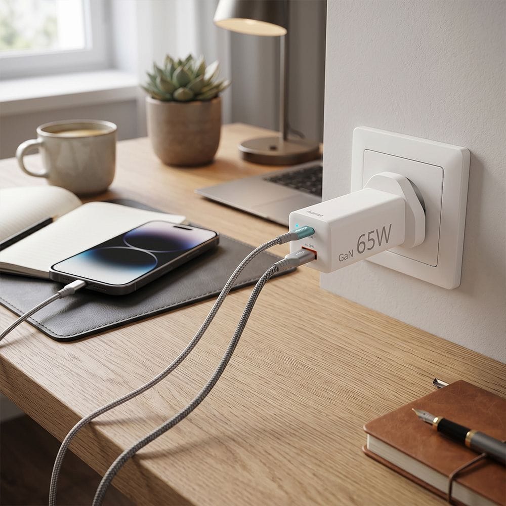 Hama Mini GaN Charger UK 65W PD/QC Fast Charging, Compact Gallium Nitride Technology, USB-C Power Delivery | White - 73210293