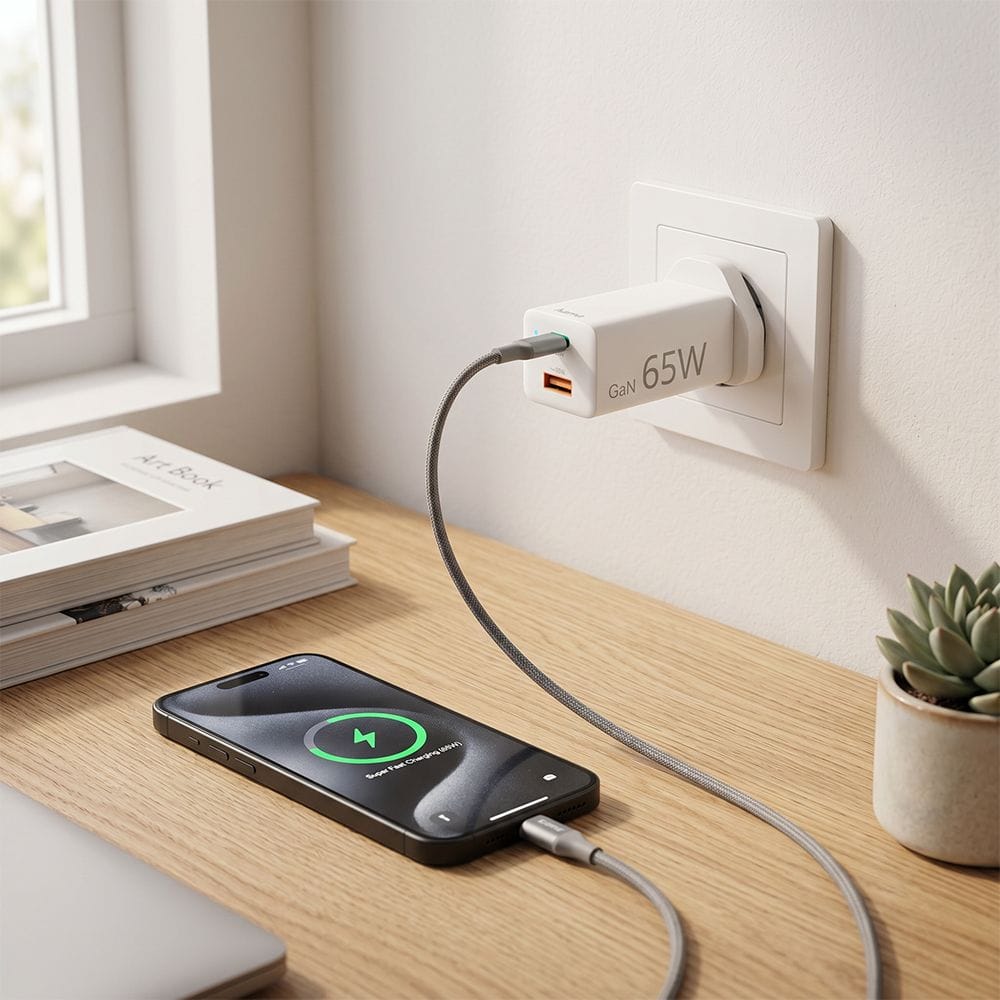 Hama Mini GaN Charger UK 65W PD/QC Fast Charging, Compact Gallium Nitride Technology, USB-C Power Delivery | White - 73210293