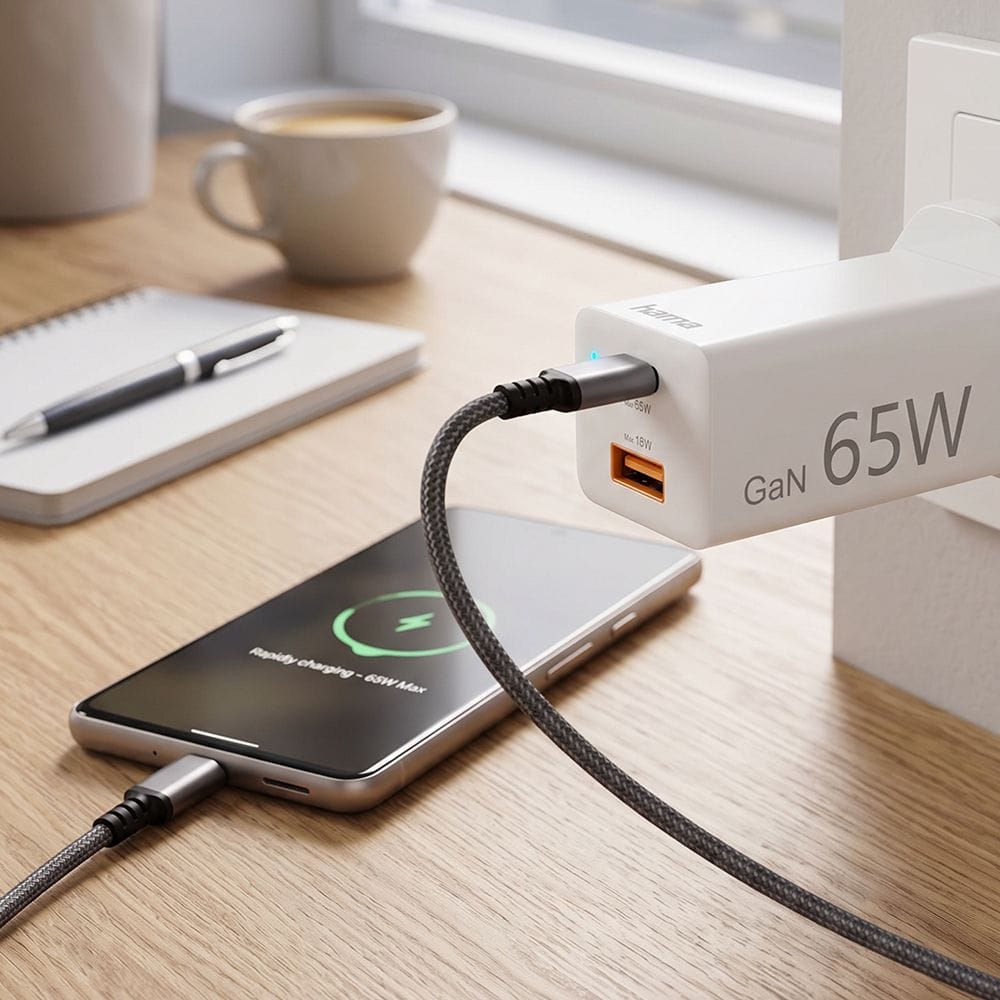 Hama Mini GaN Charger UK 65W PD/QC Fast Charging, Compact Gallium Nitride Technology, USB-C Power Delivery | White - 73210293