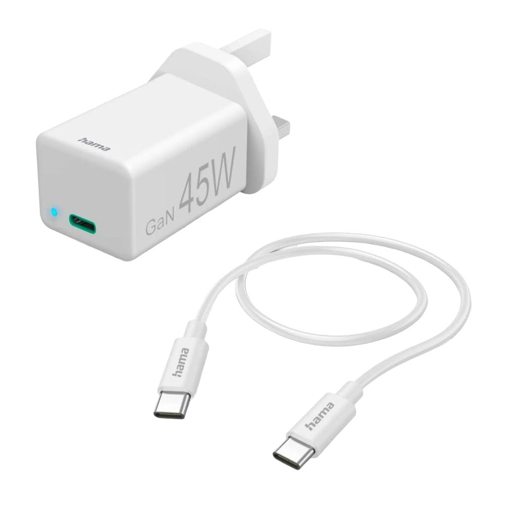 Hama Mini GaN Charger Kit UK 45W PD/QC Fast Charging, USB-C Cable Included, Compact GaN Technology | White - 73210294