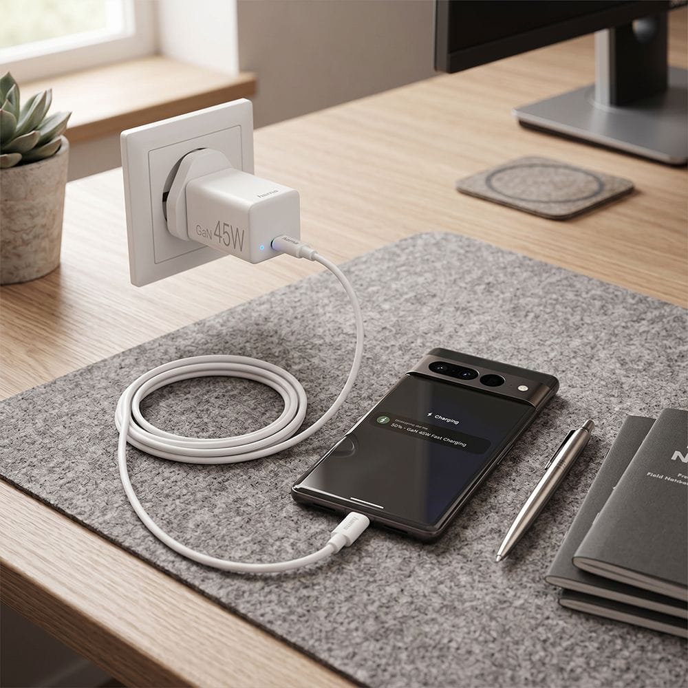Hama Mini GaN Charger Kit UK 45W PD/QC Fast Charging, USB-C Cable Included, Compact GaN Technology | White - 73210294