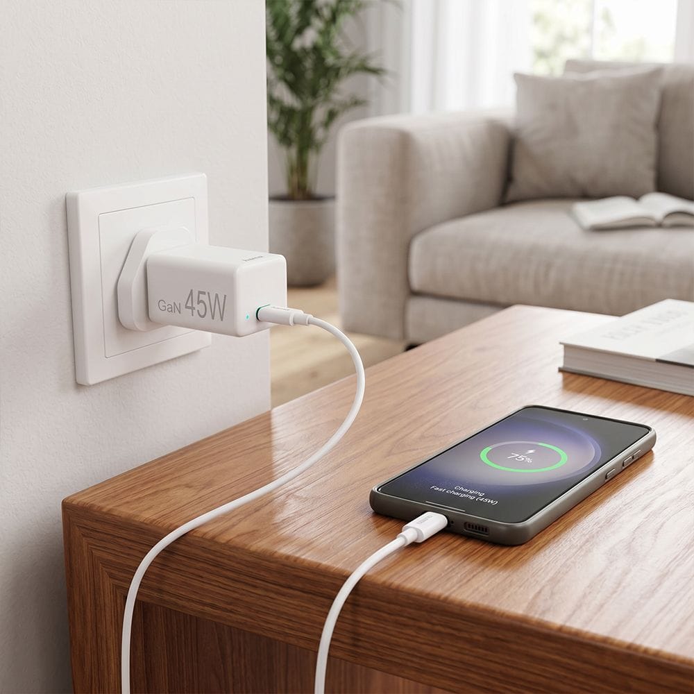 Hama Mini GaN Charger Kit UK 45W PD/QC Fast Charging, USB-C Cable Included, Compact GaN Technology | White - 73210294