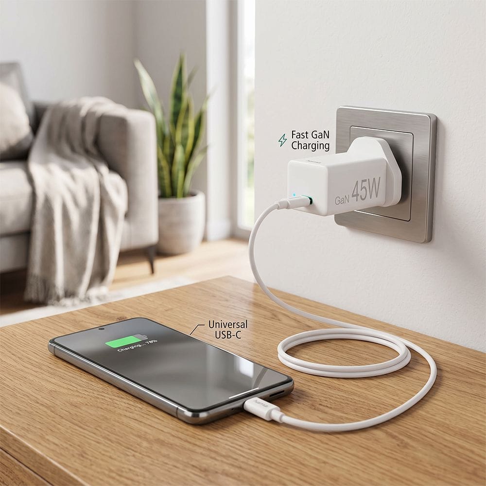 Hama Mini GaN Charger Kit UK 45W PD/QC Fast Charging, USB-C Cable Included, Compact GaN Technology | White - 73210294