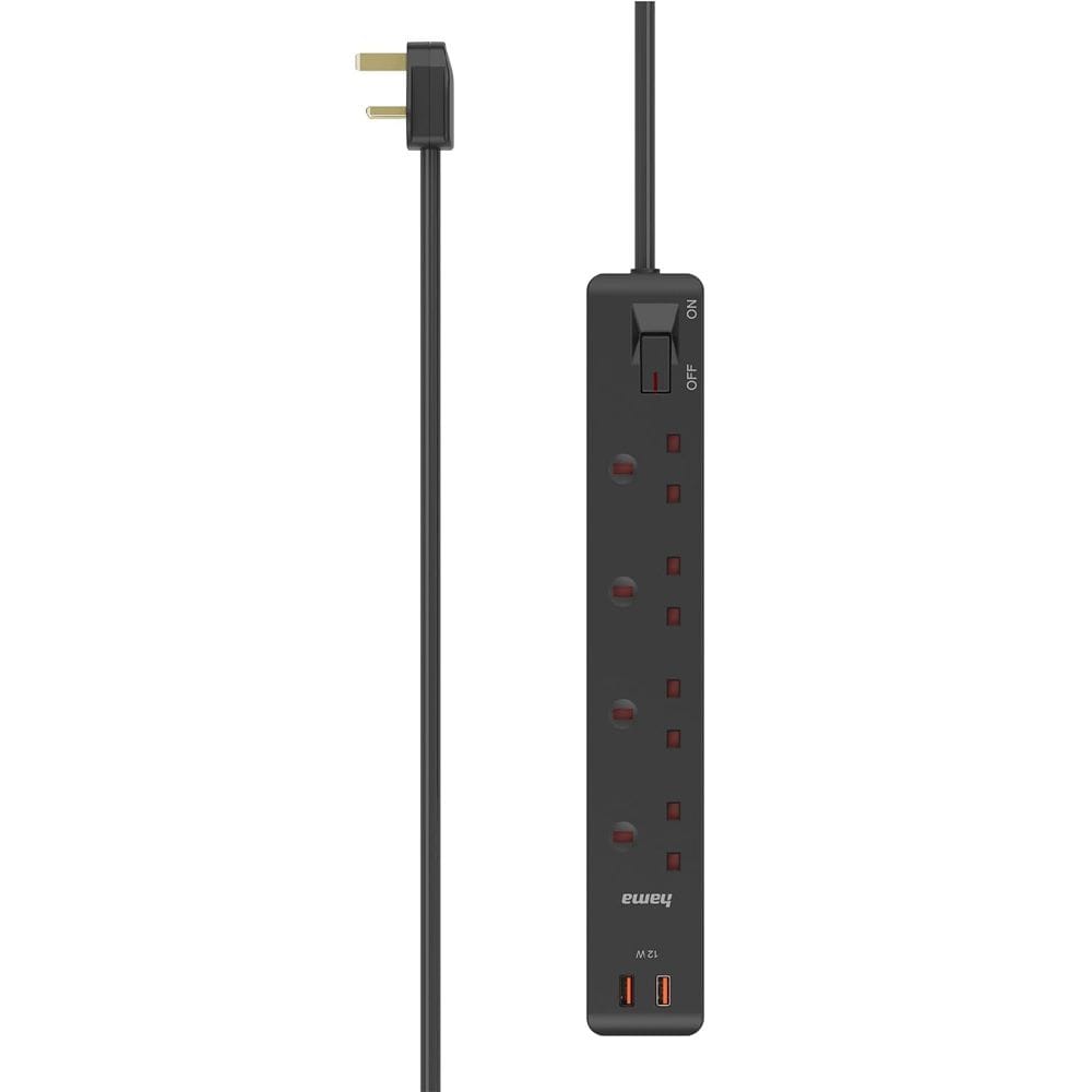 Hama Power Strip UK Plug 4-Way with 2x USB-A Ports, 1.5m Cable, Surge Protection | Black - D3223853