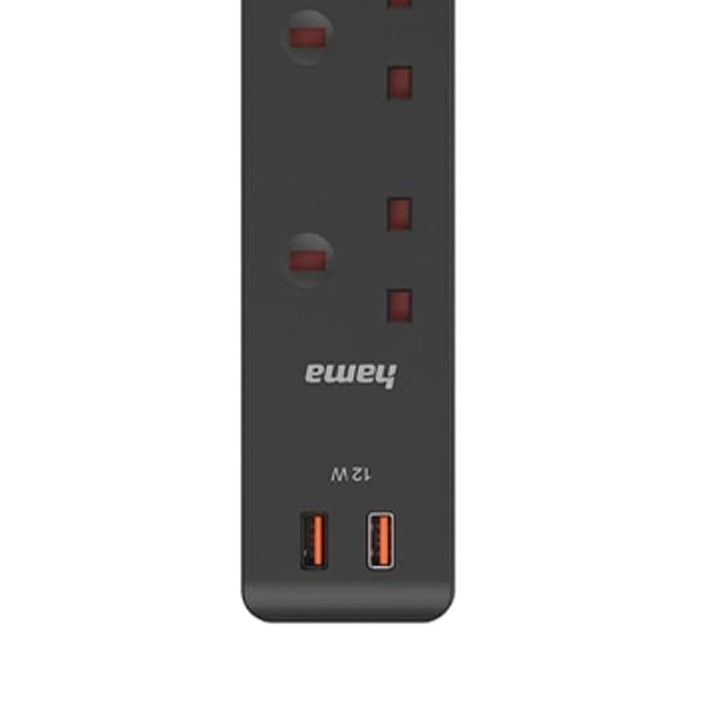 Hama Power Strip UK Plug 4-Way with 2x USB-A Ports, 1.5m Cable, Surge Protection | Black - D3223853