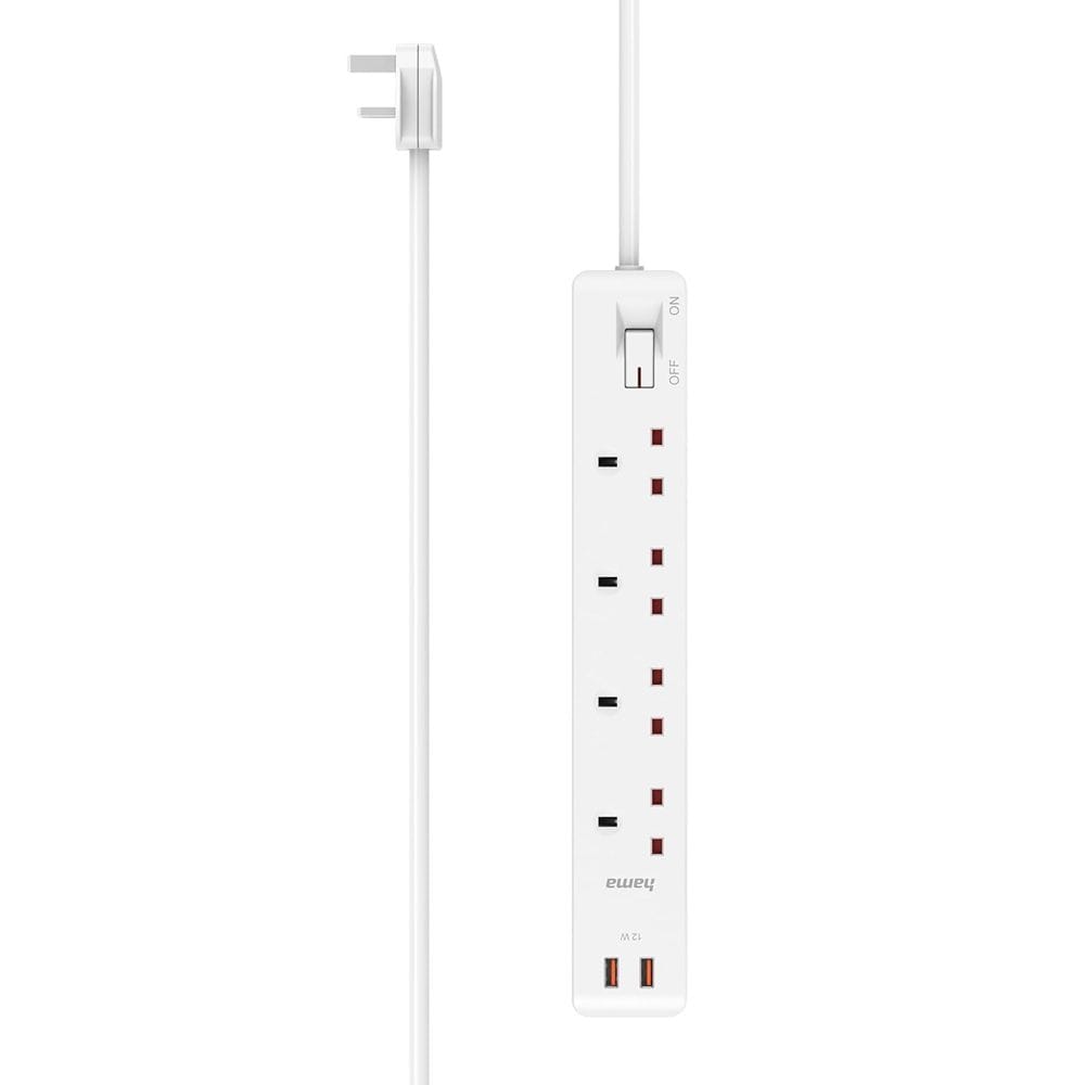 Hama Power Strip UK Plug 4-Way with 2x USB-A Ports, 1.5m Cable, Surge Protection | White - D3223851
