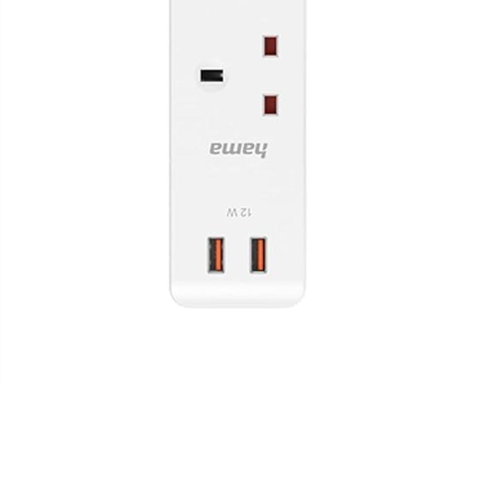 Hama Power Strip UK Plug 4-Way with 2x USB-A Ports, 1.5m Cable, Surge Protection | White - D3223851