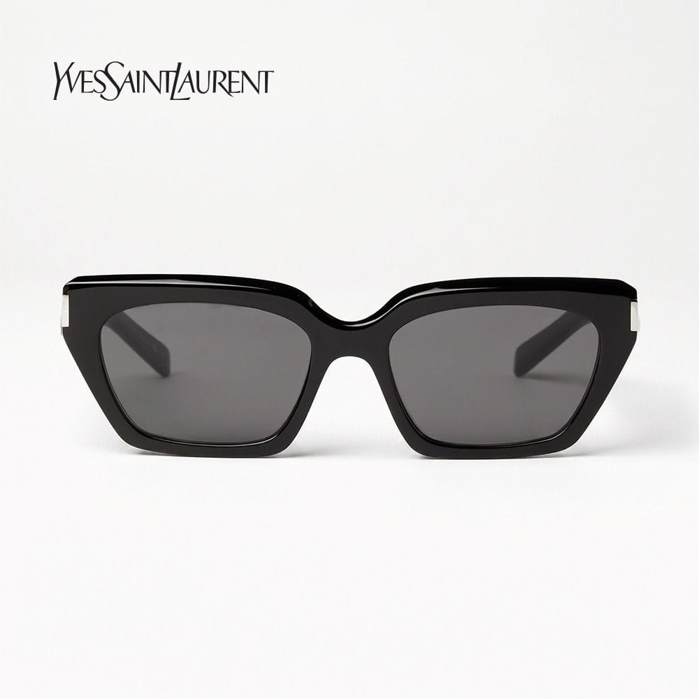 Saint Laurent Unisex SL 826 Cat-Eye Sunglasses - Engraved Logo Temples, Narrow Acetate Frame, UV Protection Lenses | Black/Black - 889652604947