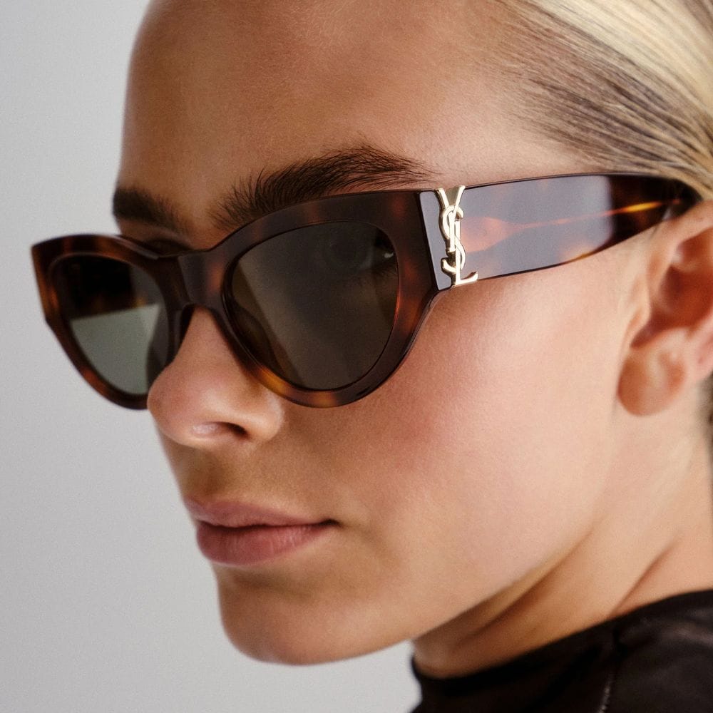 Saint Laurent Women SL M153/F Cat-Eye Sunglasses – Recycled Acetate Full Rim Frame, Bio Nylon Category 3 UV Lenses | Tortoise/Grey - 889652606279