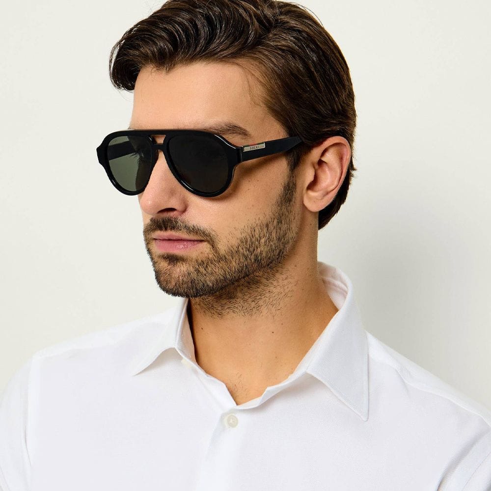 Gucci Men GG2088S Pilot Sunglasses – Recycled Acetate Full-Rim Frame, Grey UV Protection Lenses, Luxury Designer Eyewear | Black/Grey - 889652627434