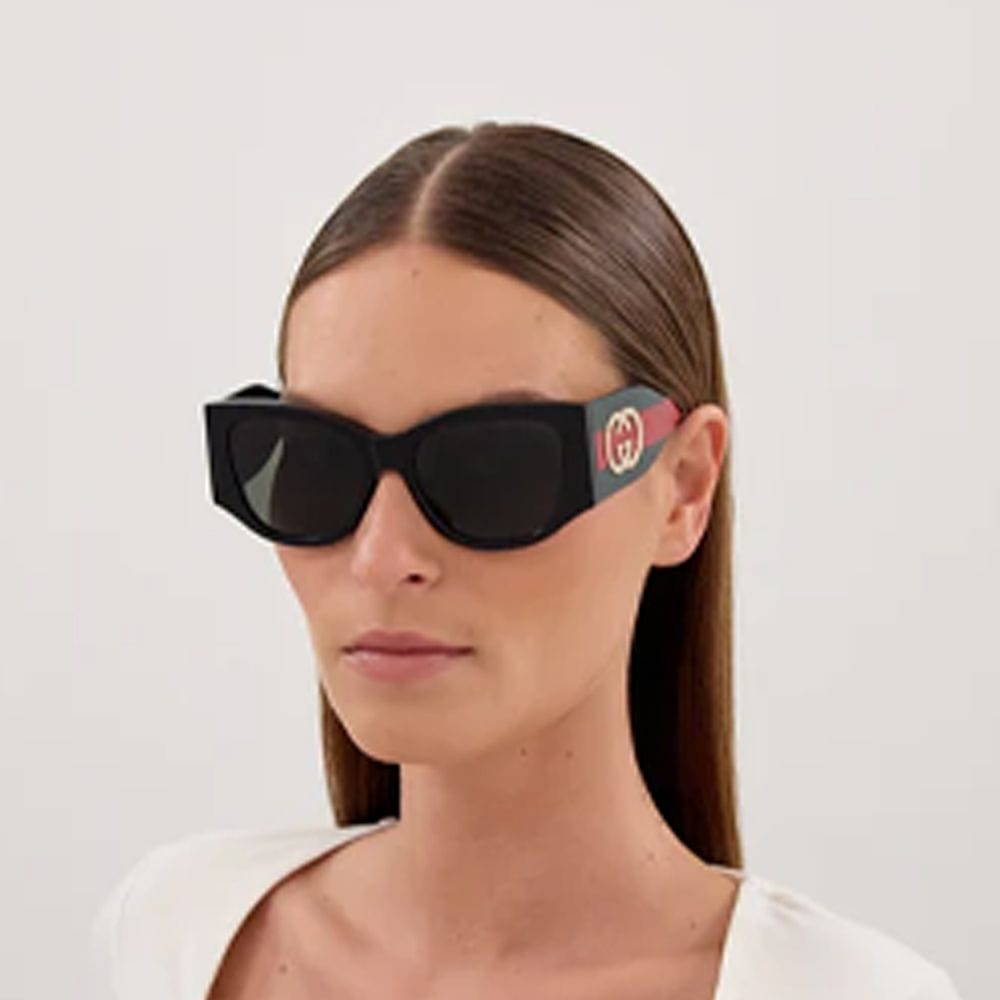 Gucci Women GG2115S Cat-Eye Sunglasses – Recycled Acetate Full-Rim Frame, Grey UV Protection Lenses, Luxury Designer Eyewear | Black/Green/Red/Grey - 889652629018