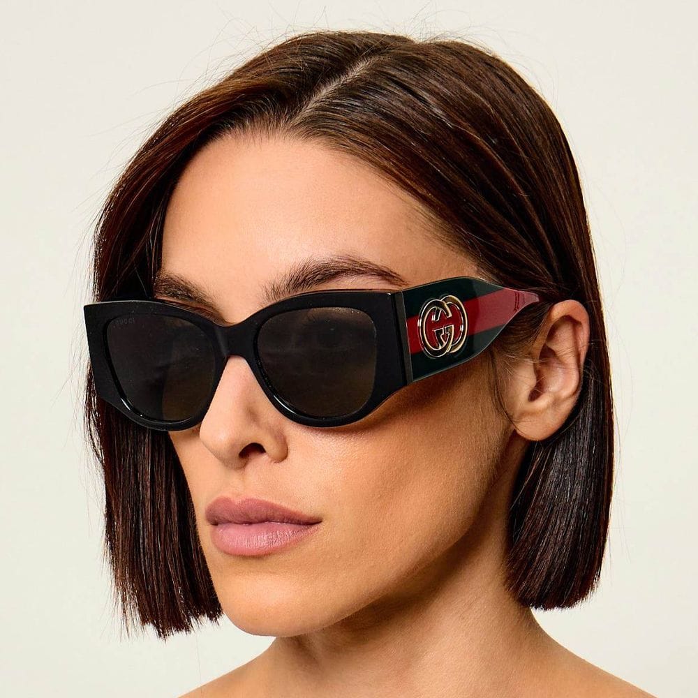 Gucci Women GG2115S Cat-Eye Sunglasses – Recycled Acetate Full-Rim Frame, Grey UV Protection Lenses, Luxury Designer Eyewear | Black/Green/Red/Grey - 889652629018