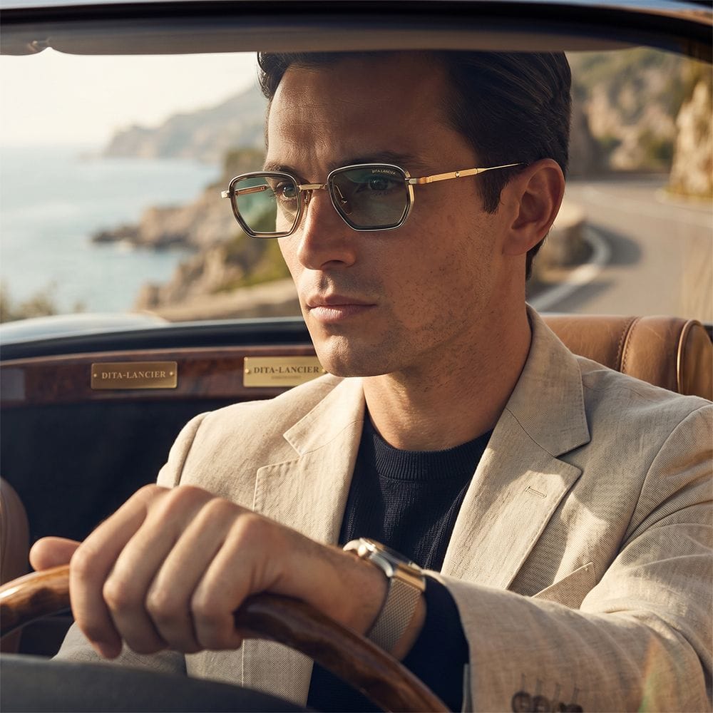 Lunetterie Générale All The Time In The World Sunglasses – Titanium Frame, Olive Inlay Detail, Gradient UV Protection Lenses | Palladium/18K Gold & Blue-Green - 990009928743