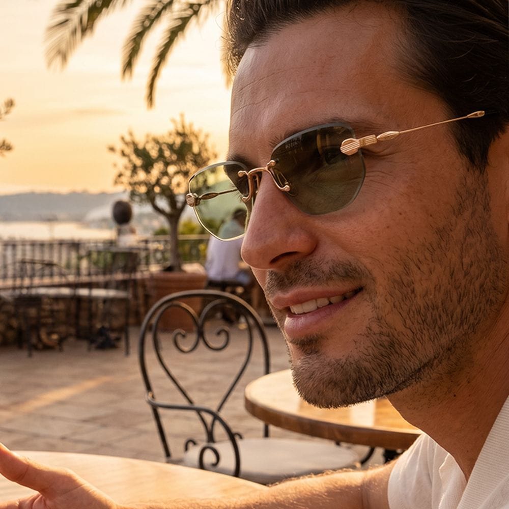 Lunetterie Générale Rendez-Vous Au Paradis Sunglasses – Rimless Frame, 18K Gold Detailing, Solid G13 UV Protection Lenses | Black/Green - 684925873422H