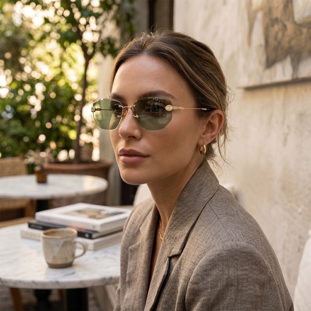 Lunetterie Générale Rendez-Vous Au Paradis Sunglasses – Rimless Frame, 18K Gold Detailing, Solid G13 UV Protection Lenses | Black/Green - 684925873422H