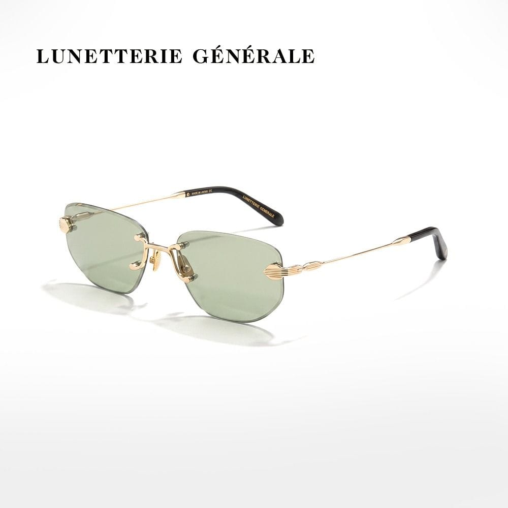 Lunetterie Generale Rendez-Vous Au Paradis Unisex Sunglasses - Rimless Frame, 18K Gold Detailing, Solid G13 UV Protection Lenses | Black/Green - 684925873422H