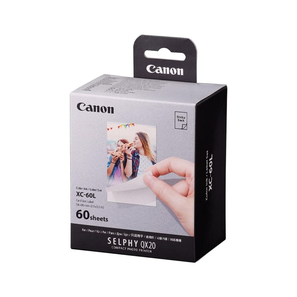 Canon XC-60L Sticky Back Photo Paper for SELPHY QX20, 60 Sheets, Card Size Labels, Water & Scratch Resistant, Instant-Dry Prints | White - 4549292238495