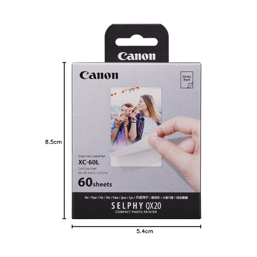Canon XC-60L Sticky Back Photo Paper for SELPHY QX20, 60 Sheets, Card Size Labels, Water & Scratch Resistant, Instant-Dry Prints | White - 4549292238495