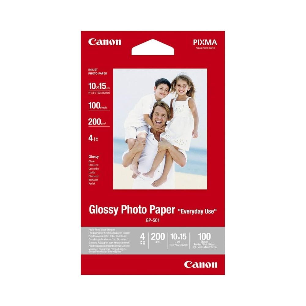 Canon GP-501 4x6 Glossy Photo Paper, 100 Sheets, Instant-Dry Ink Absorption, 200gsm Premium Finish & Inkjet Printer Compatible | White - 4960999293967