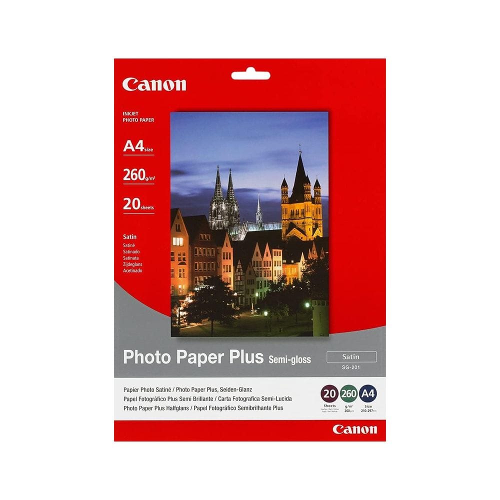 ورق الصور كانون Photo Paper Plus Semi-Gloss SG-201 مقاس A4، 20 ورقة، ورق صور فاخر 260 جم/م²، لمسة شبه لامعة ومتوافق مع الطابعات النافثة للحبر | أبيض - 4960999405377