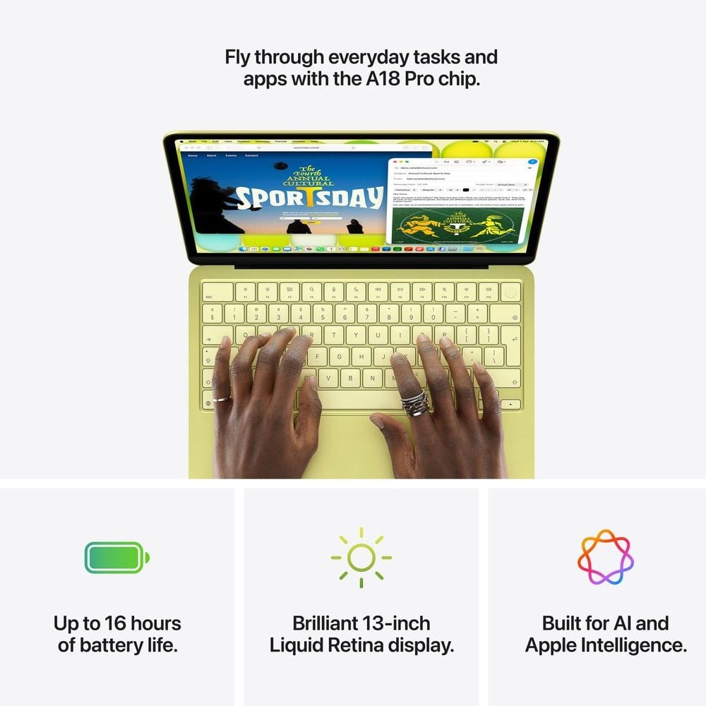 Apple MacBook Neo 13 Laptop, A18 Pro Chip, 6-Core CPU, 5-Core GPU, 8GB RAM, 512GB SSD, Liquid Retina Display & Apple Intelligence | Citrus - MHFE4AB/A