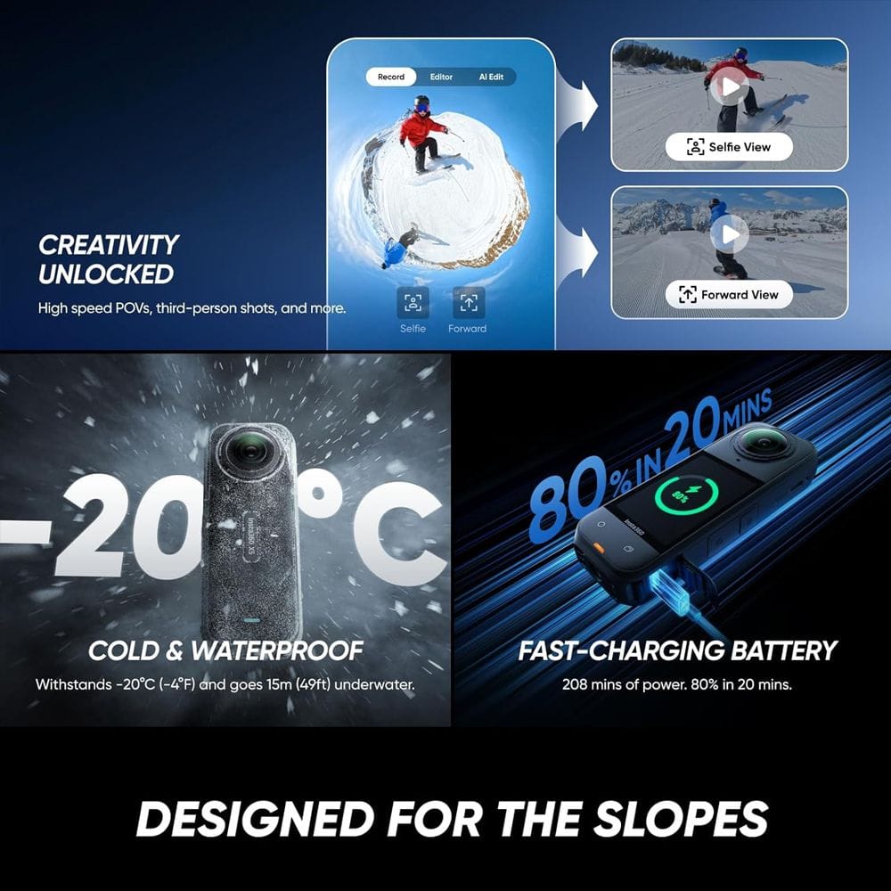 Insta360 X5 Essentials Bundle 360 Action Camera, 8K 360° Video, 72MP Photos, Triple AI Chip, FlowState Stabilization & Invisible Selfie Stick | Black - 6977644761496