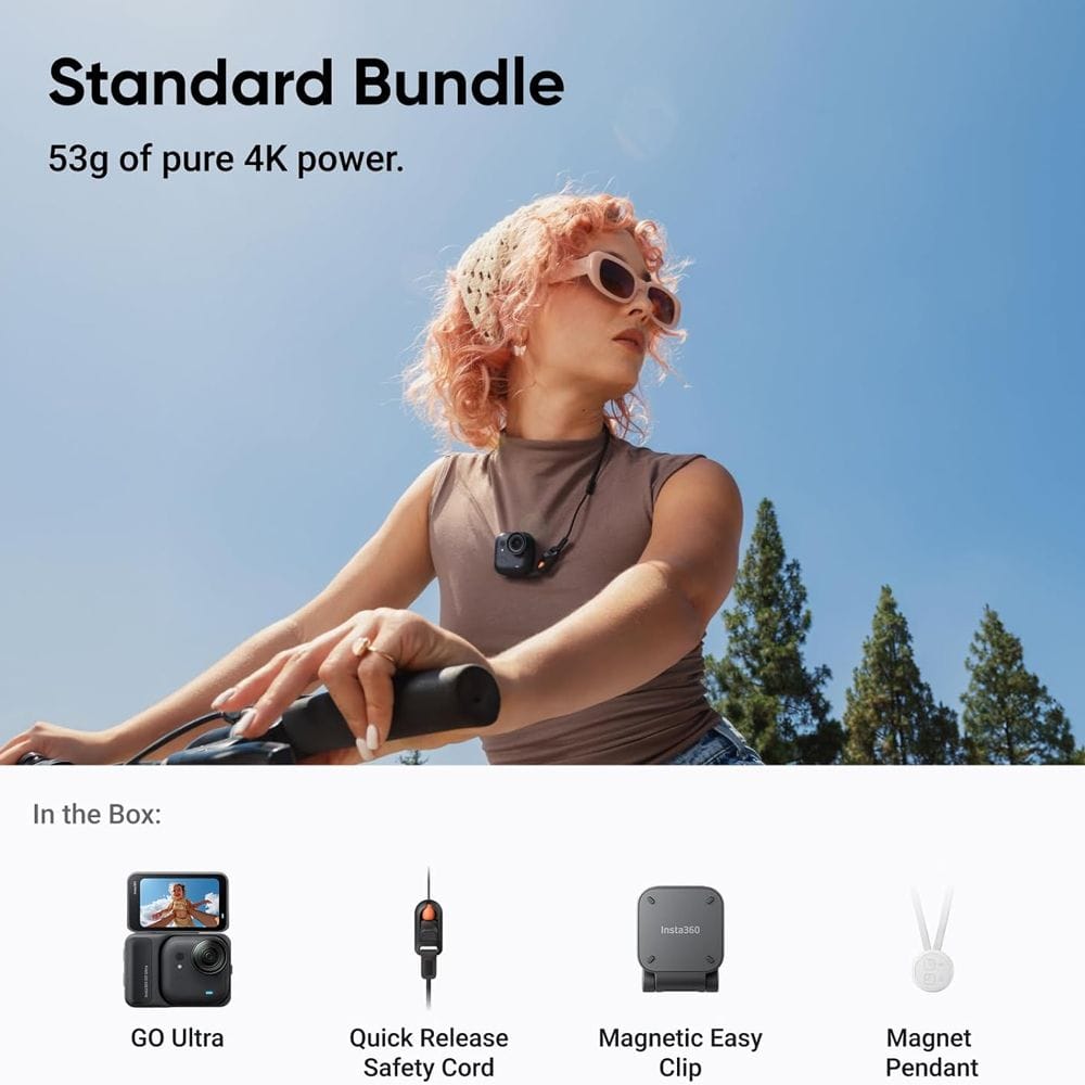 Insta360 GO Ultra Standard Bundle Action Camera, 4K HDR Video, 72MP Photos, AI-Powered Editing, Waterproof Design & Hands-Free POV Capture | Midnight Black - 6977644761045